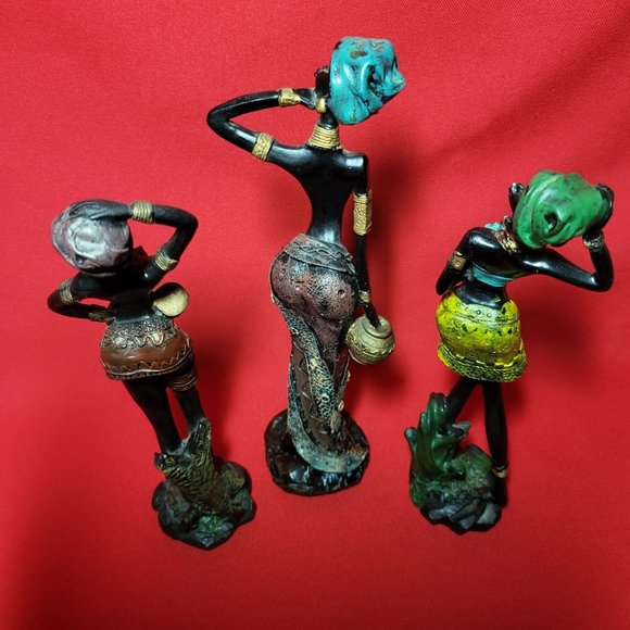 Vintage African Tribal Lady Woman Resin Figure Sculpture Decor Set of 3 - Picture 12 of 12
